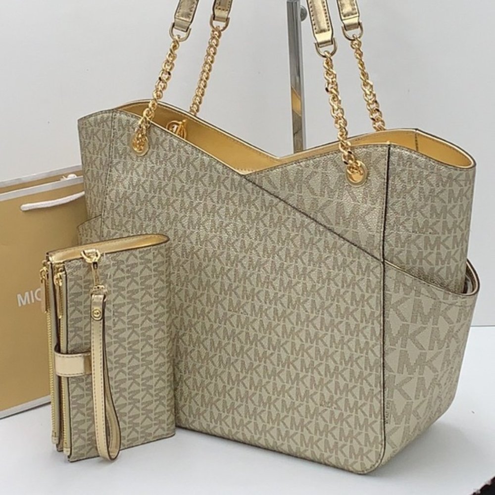 Michael Kors Large X Chain Shoulder Tote & Large Double Zip Wallet Pale Gold - Picture 1 of 16